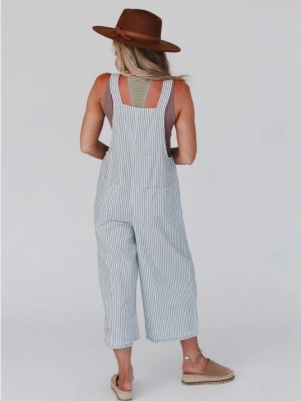 Three Bird Nest L High Hopes Cropped Wide Leg Denim Striped Overalls Tan & White - Picture 8 of 12